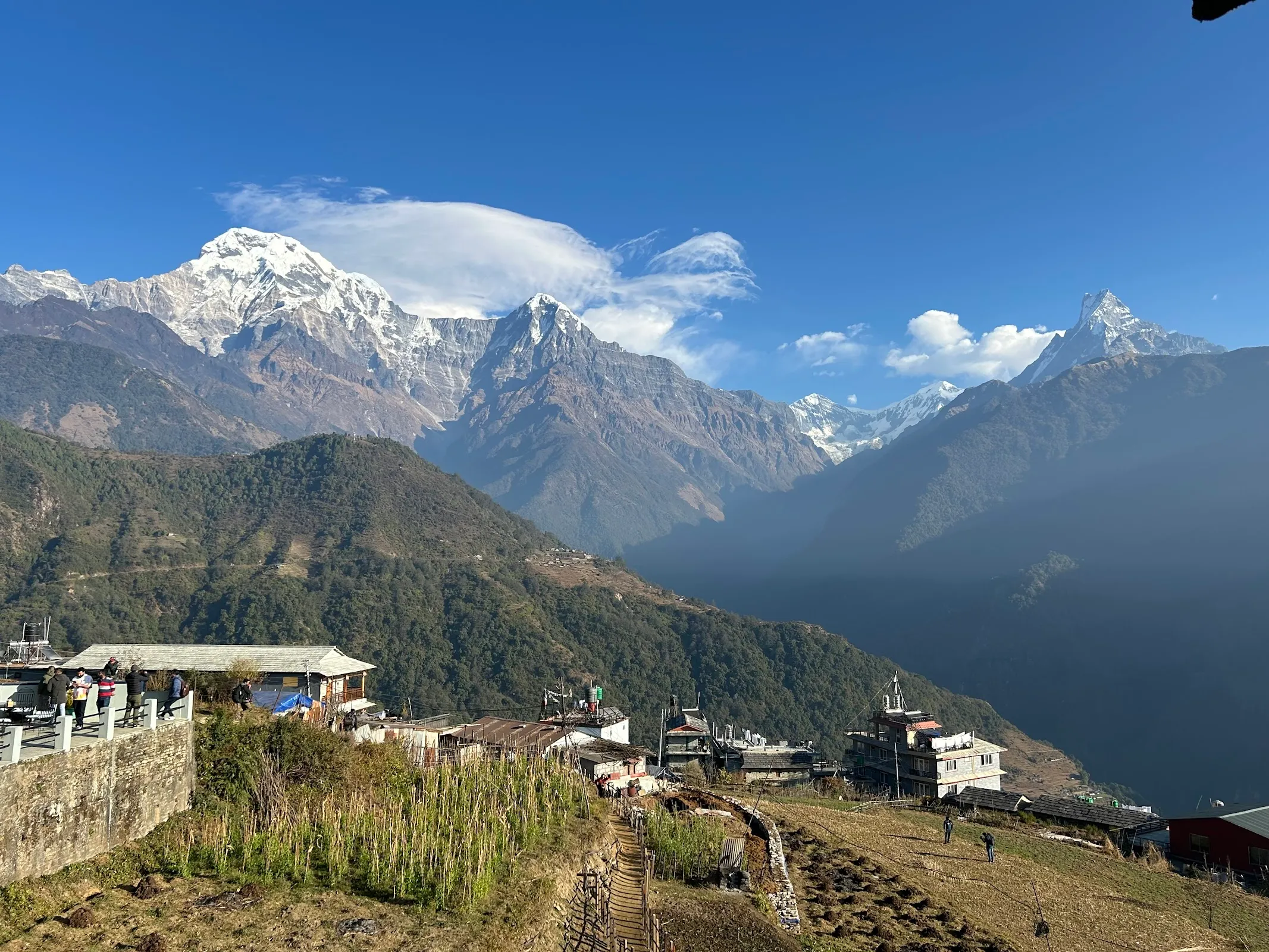 The Annapurna range rising over a village in the foothills above Pokhara
