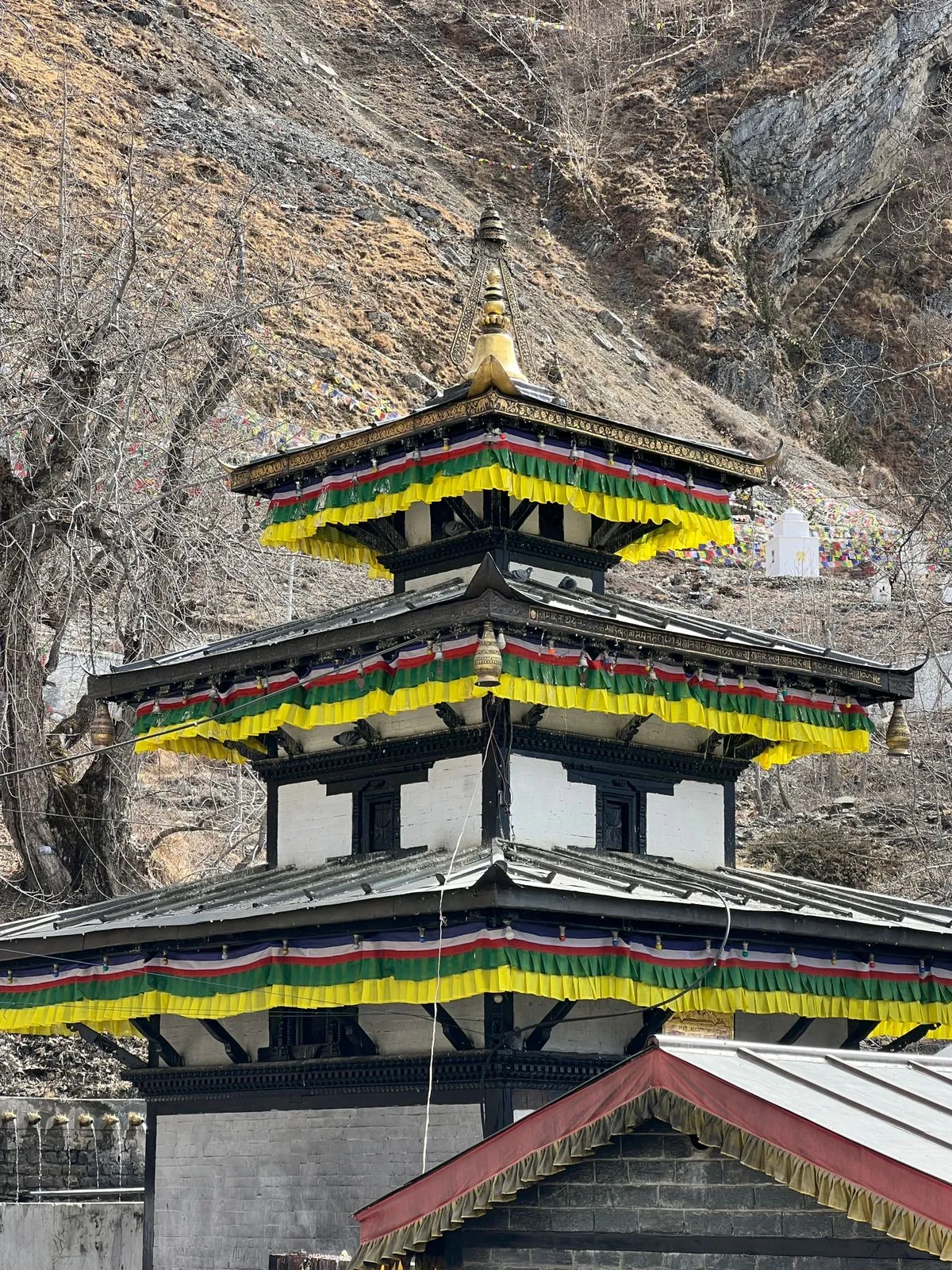 Muktinath temple in winter — pilgrims approaching the shrine