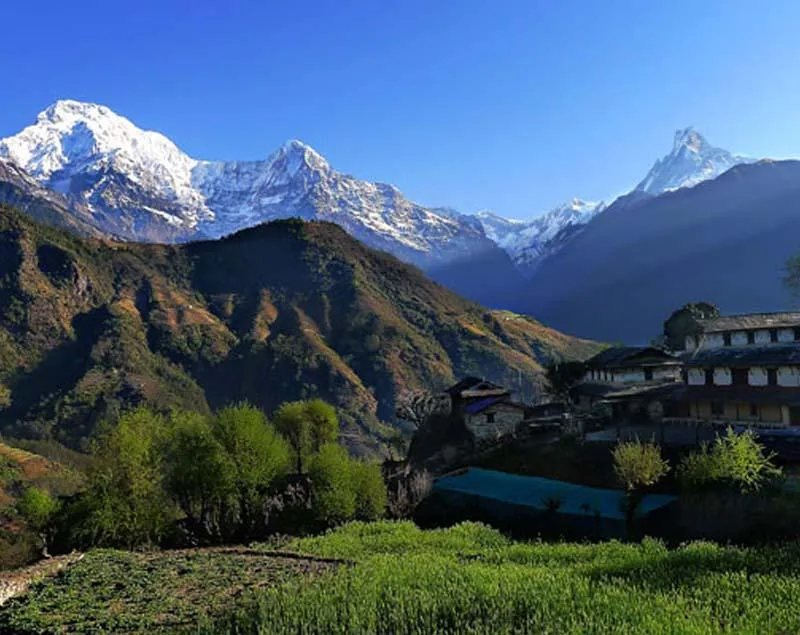 Khopra Danda viewpoint with mountain village and the Annapurna range