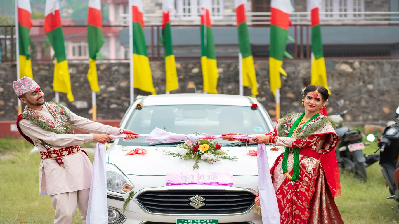 A decorated wedding car ready for a traditional Nepali ceremony